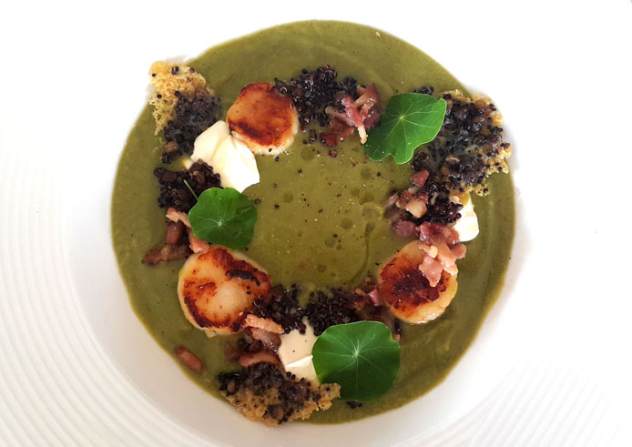 Split Green Pea Soup with Scallops, Bacon, Quinoa & Black Lentil Parmesan Crisps