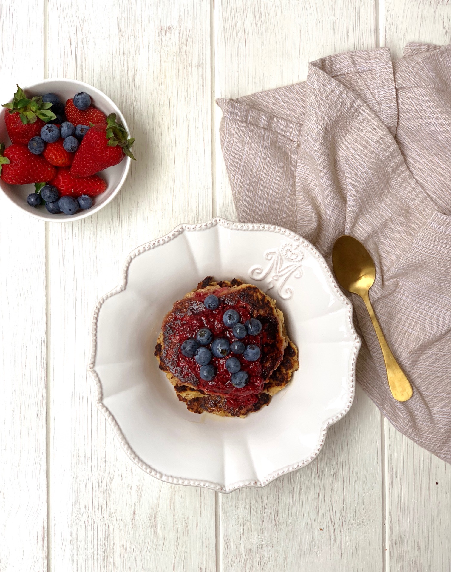 Lentil Pancakes with Blueberries, Chia Jam & Yoghurt