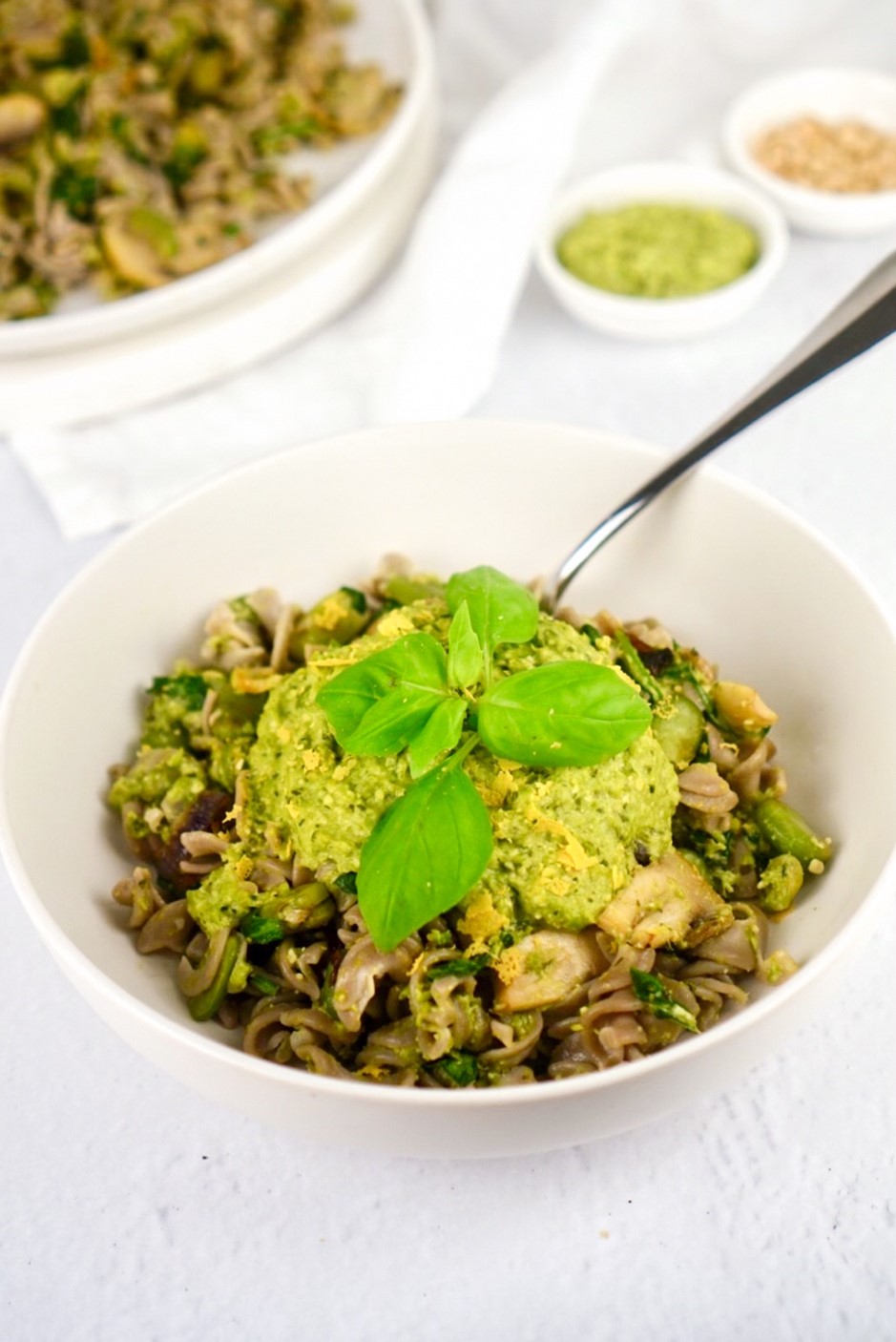 Broad bean pasta with pea pesto