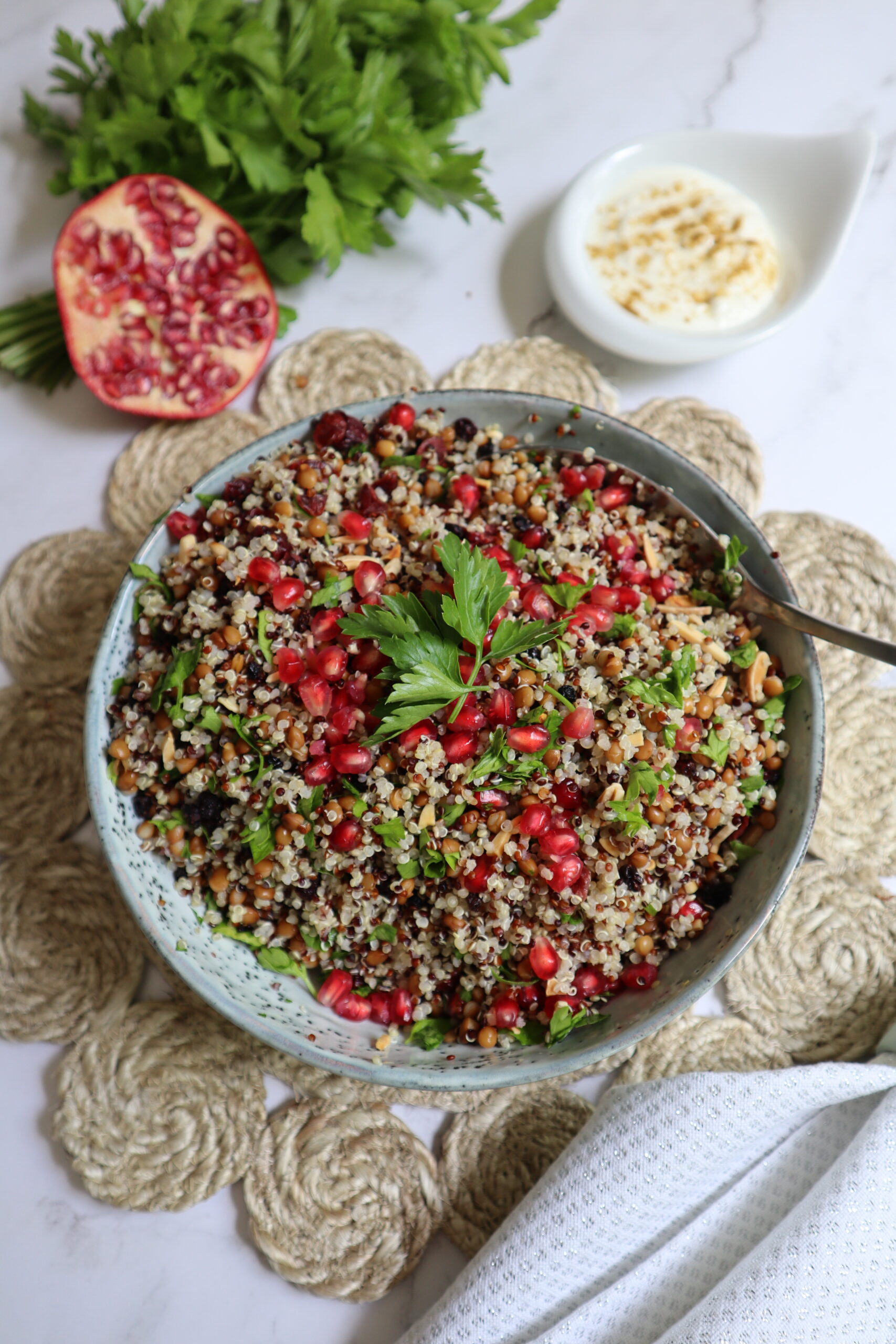 Quinoa, Lentil & Pomegranate Salad with a Yoghurt Dressing