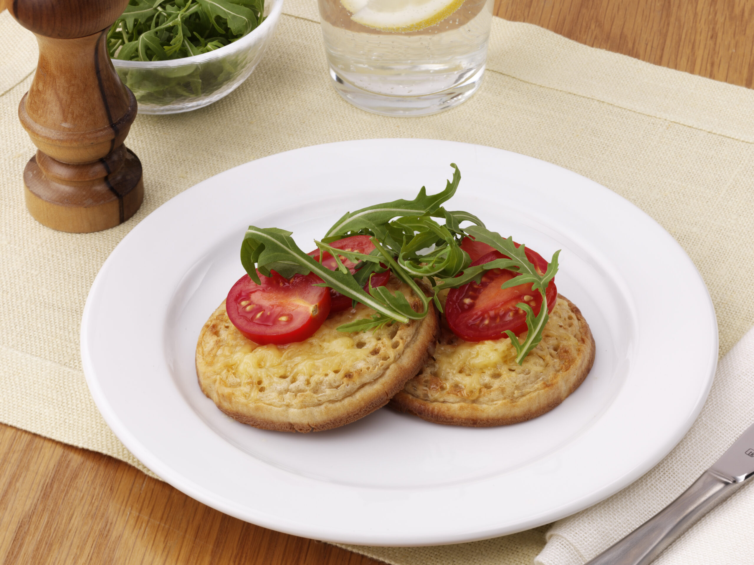 Cheesy Rocket and Tomato Golden Wholemeal Crumpet